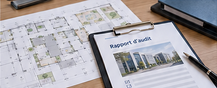 Rapport d’audit posé sur des plans de site