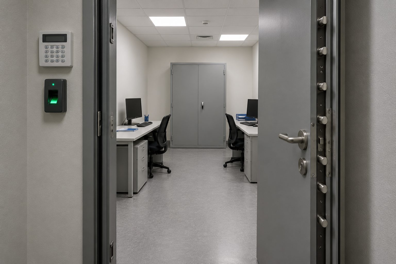Sensitive room protected by a strong door, a biometric reader and an alarm keypad