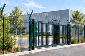 Clôture et portail coulissant devant un site industriel