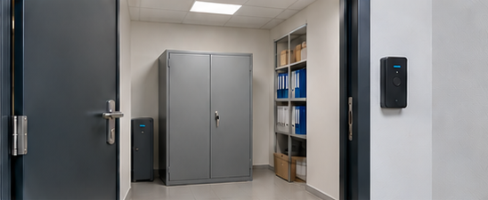 Local sensible avec porte renforcée, armoire forte et contrôle d’accès